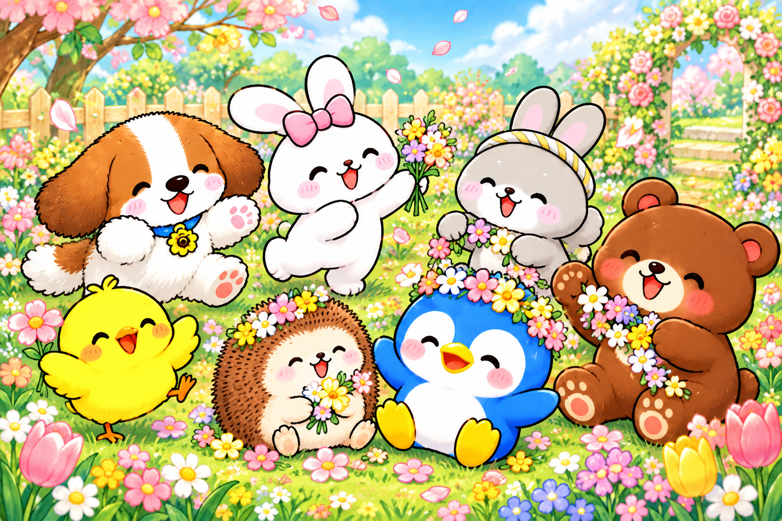 犬、白うさぎ、灰色うさぎ、ひよこ、ハリネズミ、ペンギン、くまがみんなで楽しく遊ぶイラスト